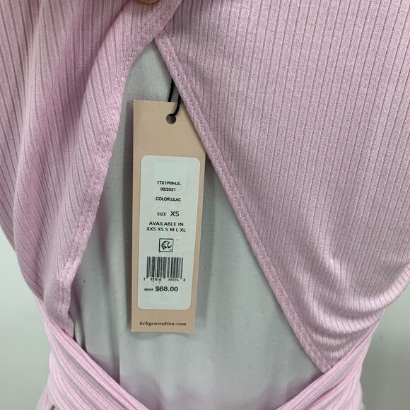BCBGeneration Bodysuit Womens XS Extra Small Pink Cut Out Surplice Wrap Tie Knit - Picture 8 of 12